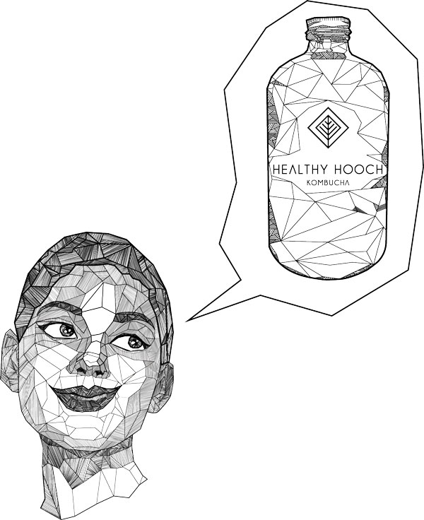 sketch of a woman and healthy hooch kombucha bottle
